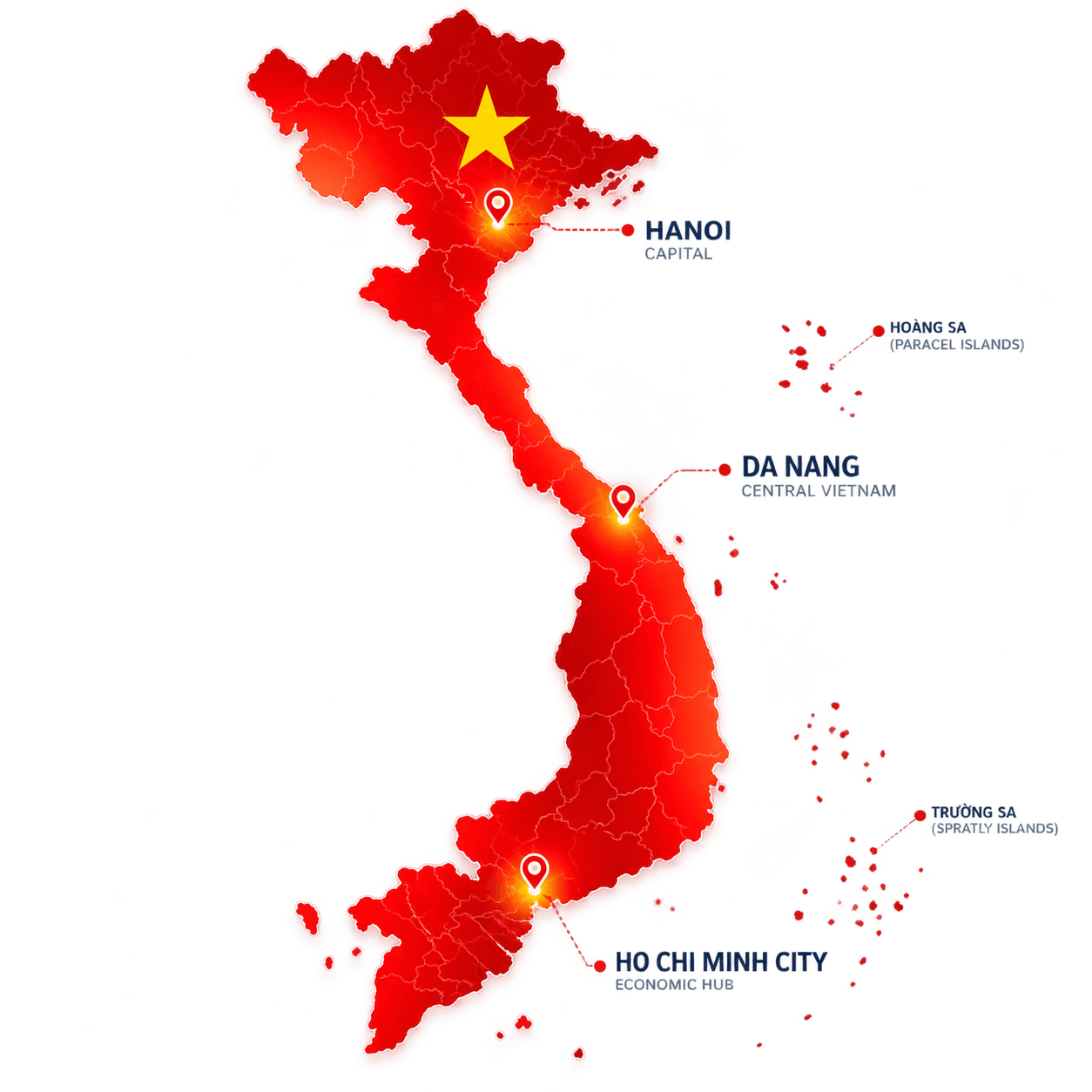 Map of Vietnam highlighting Hanoi, Da Nang and Ho Chi Minh City